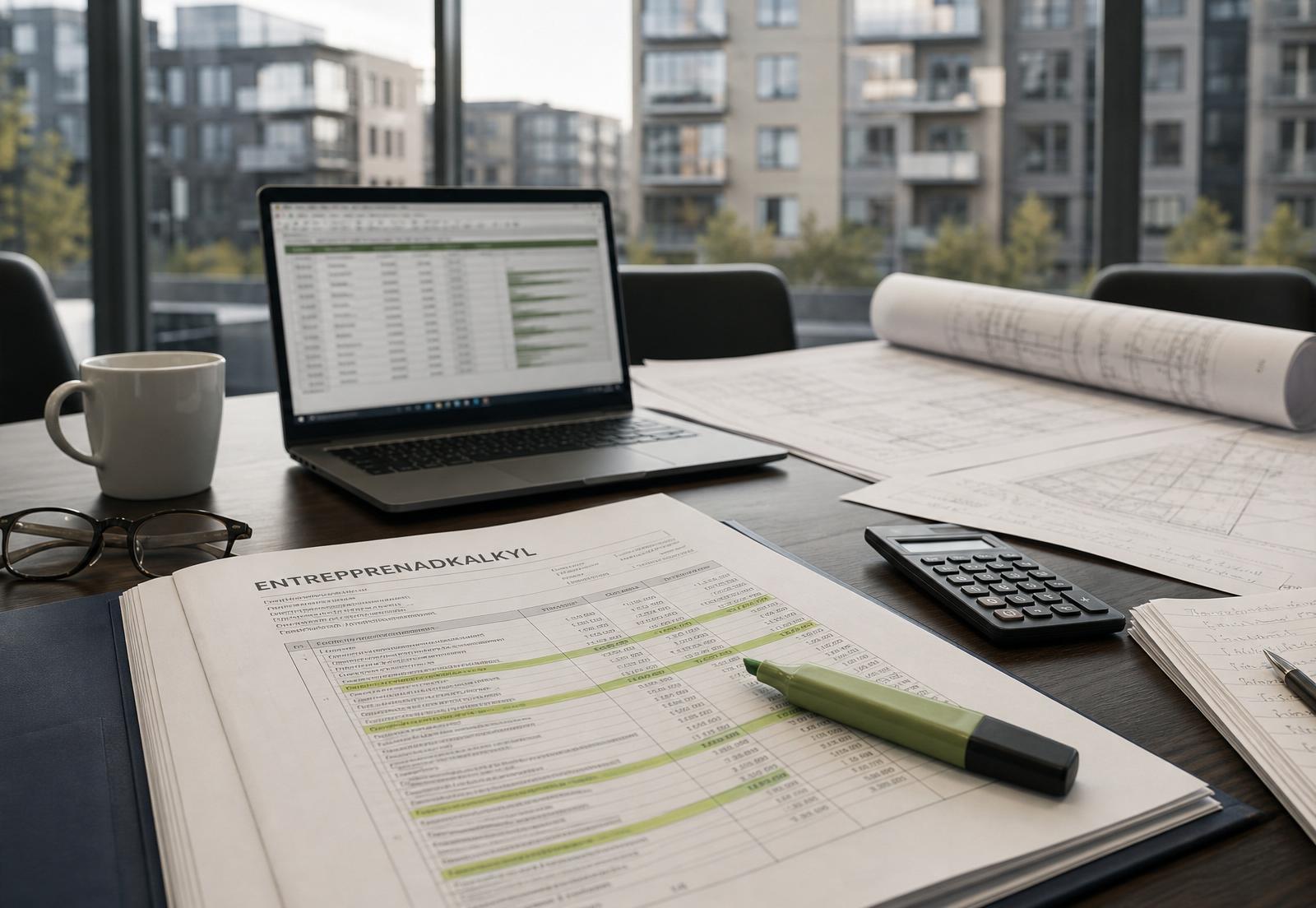 Professionellt arbete med entreprenadoffert, ritningar och kalkyl i ett modernt konferensrum
